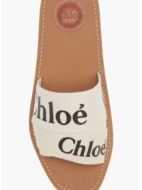Authentic Chloé Tan Leather Slide Sandal with Cream Logo Strap